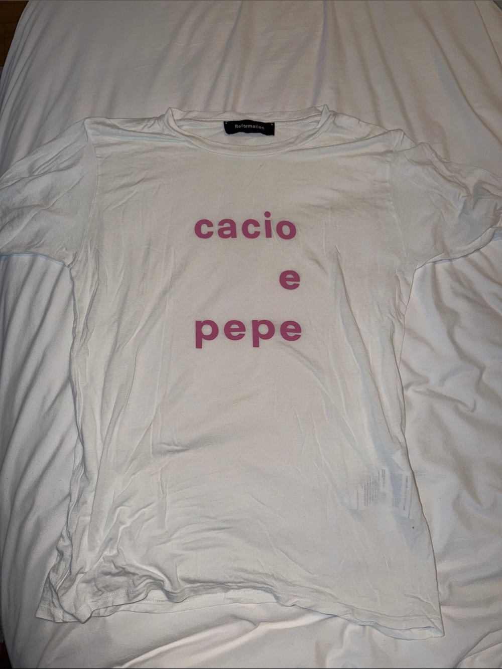 Reformation White Graphic Tee with Pink 'cacio e pepe' Print